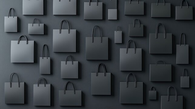 Various black paper shopping bags with minimalist patterns are neatly arranged on a dark surface, showcasing a modern and high-quality aesthetic