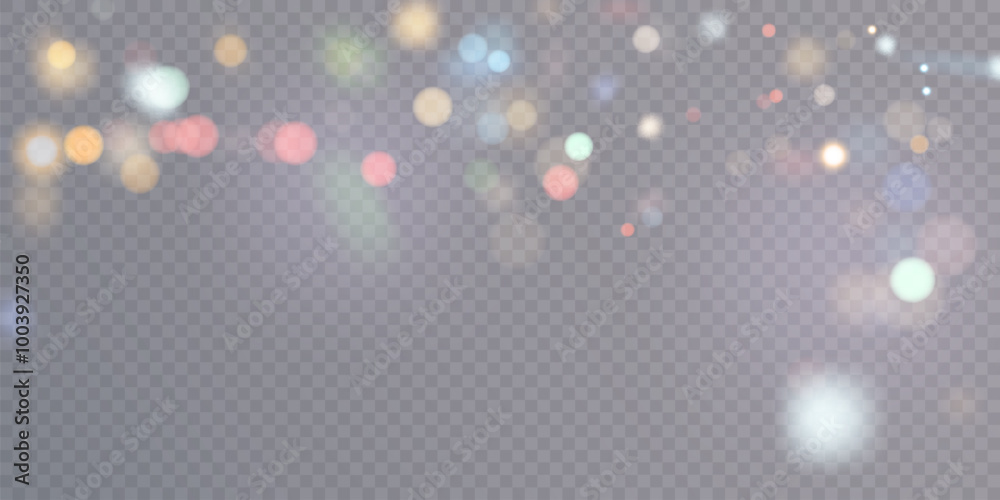 Poster Sparkling glare light effects with colorful shimmer. Beautiful lens flare effect with bokeh, glittery particles and rays. Shining abstract background. Vector illustration	
