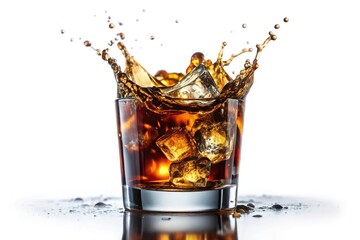 Low glass with splash of cola and whiskey isolated on white background, selective focus, copy space, eye level