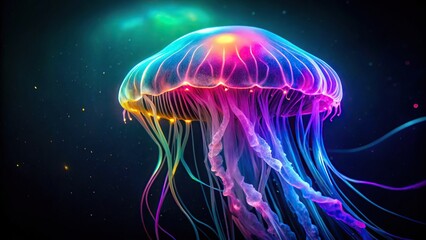 Naklejka premium Luminous jellyfish swimming in neon colors in a dark sea silhouette