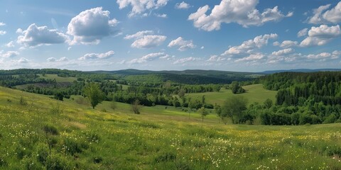Obraz premium Eastern European Landscape: A panoramic view of the Eastern European countryside with rolling hills and forests