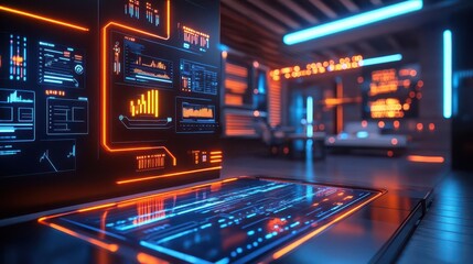 Fototapeta premium Wireless technology in a futuristic smart home with glowing neon signals and digital devices Futuristic Neon Minimalist