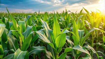 Obraz premium Lush green corn field at sunrise close-up