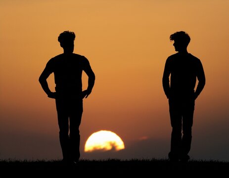 An evocative image of two young silhouettes walking together against the backdrop of a vibrant sunset, symbolizing friendship, companionship, and shared journeys - Generative AI