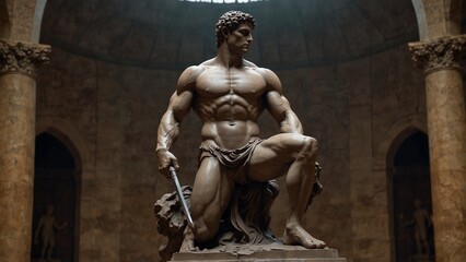 A heroic statue of Theseus, standing over the defeated Minotaur, his sword raised in triumph, his muscles tense with the effort of the battle.