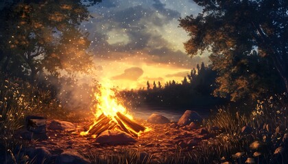 Fototapeta premium A cozy illustration of a campfire by a lake