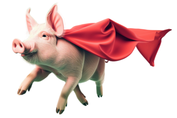Flying superhero pig wearing red cape