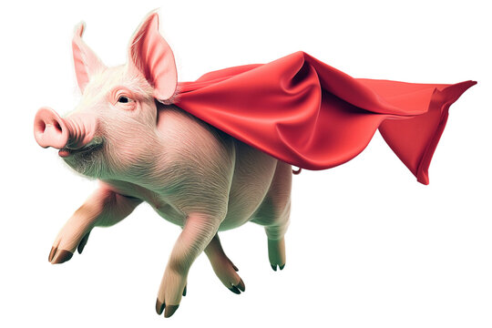 Flying superhero pig wearing red cape