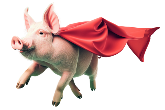 Flying superhero pig wearing red cape - Powered by Adobe