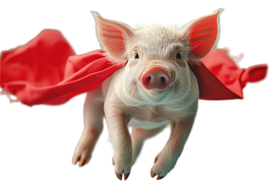Flying superhero pig wearing red cape