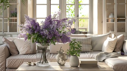 Interior of modern living room with bouquet of lilacs branches, cozy sofa and cushions