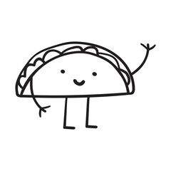 Smiling taco waving. Outline design. Vector illustration on white background.