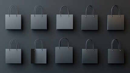 An organized pattern of black shopping bags is displayed in a grid formation on a dark gray surface, showcasing a minimalist design with ample space for text insertion