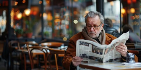 Man in Cafe: A European man reading a newspaper at a cafe