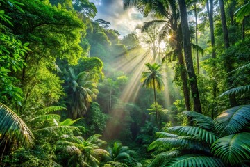 Lush morning light filtering through dense tropical rainforest canopy