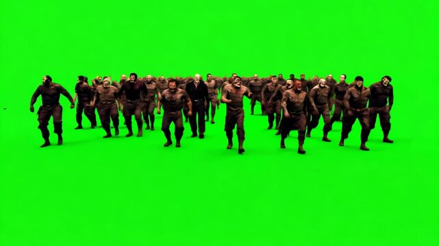 Group of zombies walking forward on a green screen background, ideal for horror and cinematic special effects
