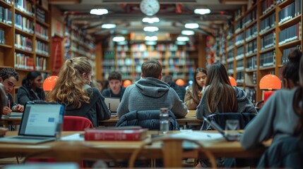 A diverse group of students studying together in a university library, education and academic success