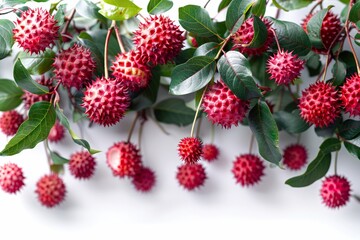 Rambutan fruit and half slices suspended in the air with green leaves. Generative AI
