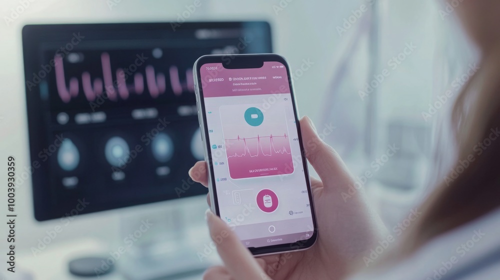 Poster A healthcare worker examines patient information displayed on a mobile application while in a clinical environment surrounded by medical equipment, focusing on data analysis for better care.