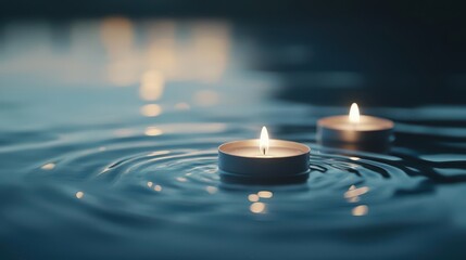 Floating candles creating serene reflections on calm water surface.