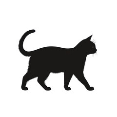 Black cat silhouette walking, white isolate background transparent background