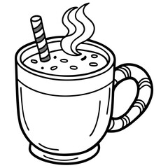 Cozy Hot Chocolate or Eggnog with Steaming Mug and Candy Cane line art vector