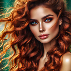 Fototapeta premium Beautiful woman, wind in long curly orange hair, hazel eyes