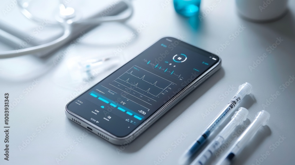 Poster a smartphone displays a medical app with a heart rate monitor graph. three clear syringes are on the