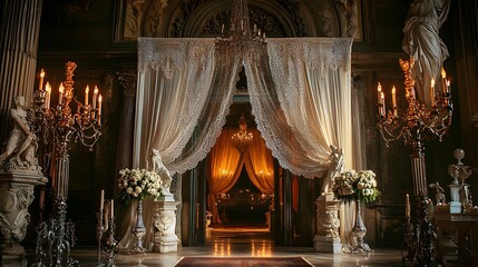 Victorian Wedding Arch Decor with Candelabras and Statues.