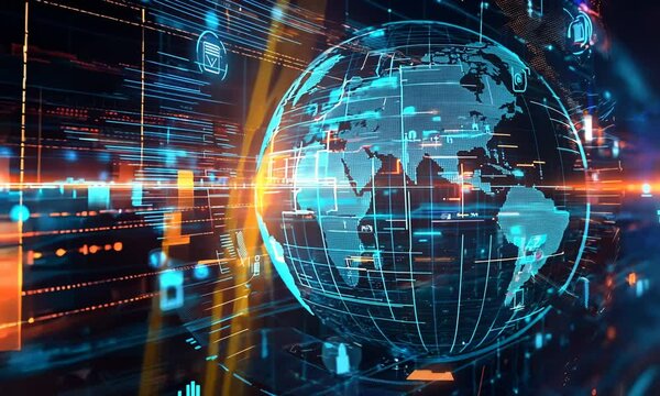 Earth globe and cybersecurity lock hologram with diverse icons Video - Powered by Adobe