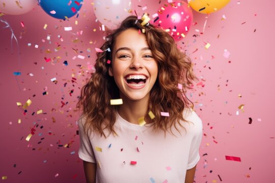 Happy woman with festive confetti & balloons - Powered by Adobe