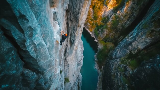 Rock Climber Ascending Narrow Canyon Walls Above Deep Blue River