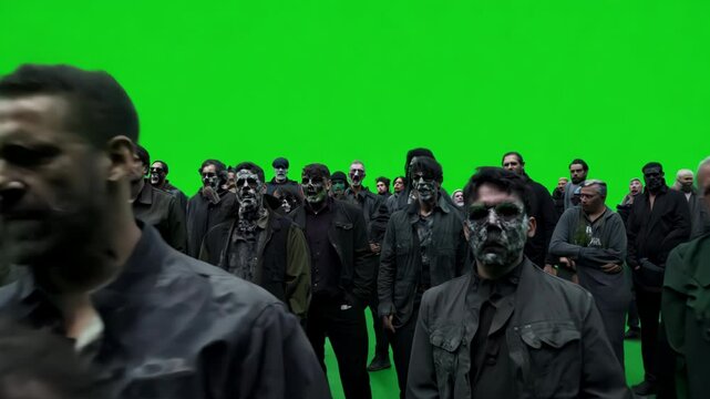 Group of zombies walking forward on a green screen background, ideal for horror and cinematic special effects