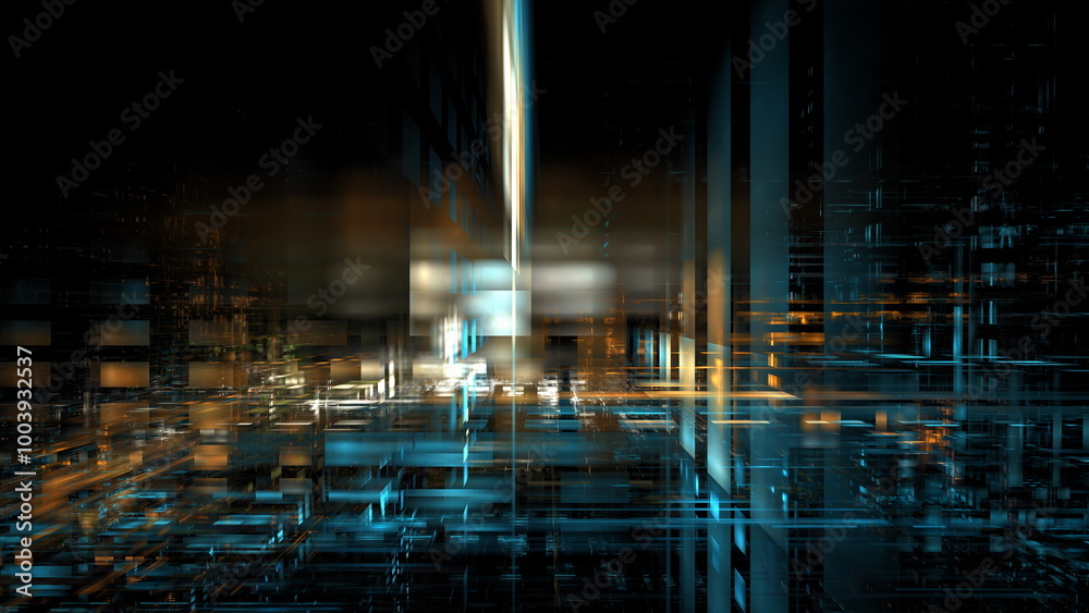 Fototapete Vibrant and dynamic representation of digital technology, featuring glowing lines that convey data flow in a futuristic setting, emphasizing motion and innovation. 3d render