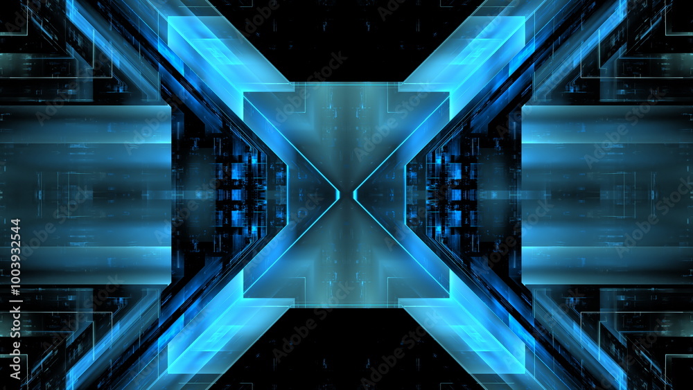 Fototapete Vibrant blue geometric design with intersecting lines and shapes, creating a sense of depth and motion in a futuristic aesthetic Digital data. 3d render