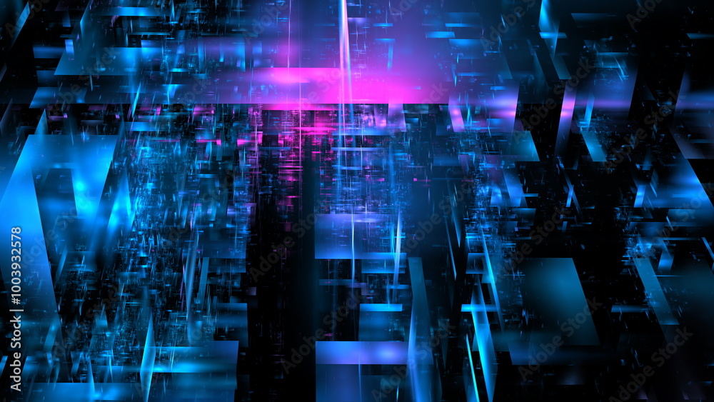 Fototapete Digital data Striking blue and purple geometric patterns intertwining in a dynamic composition, creating a captivating depth and movement that draws viewers in. 3d render