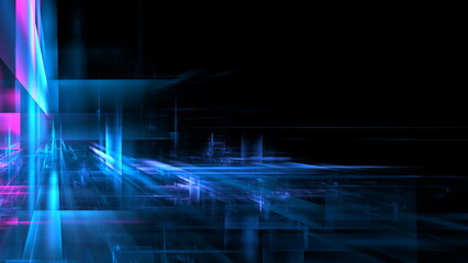 Digital landscape featuring glowing blue and pink lines, creating a sense of movement and depth in a vibrant, abstract space against a dark background. 3d render
