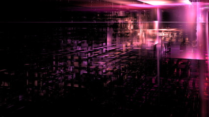 Vibrant digital landscape features intricate geometric shapes illuminated by purple and pink light. 3d render