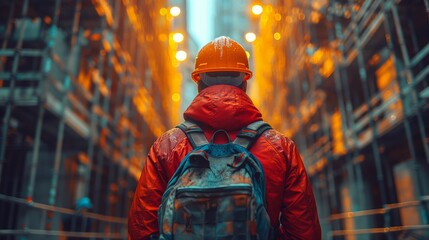 Fototapeta premium Construction Worker with Backpack Walking Through Illuminated Urban Building Framework