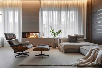 Luxury living room interior with large sofa, comfortable armchair and electric fireplace