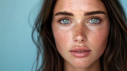 Fototapeta premium horizontal image, closeup portrait of women, isolated blue background. With copy space for text. Skincare treatment concept. For banner, design, salon, clinic, cosmetologist, web, promo, social media