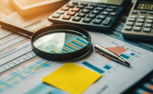 Lente di ingrandimento con calcolatrice. Finanza. Calcoli. Investimenti