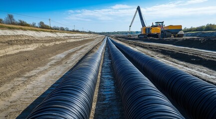 Large Industrial Power Cable Construction with Heavy Machinery in a Rural Area Under Blue Sky
