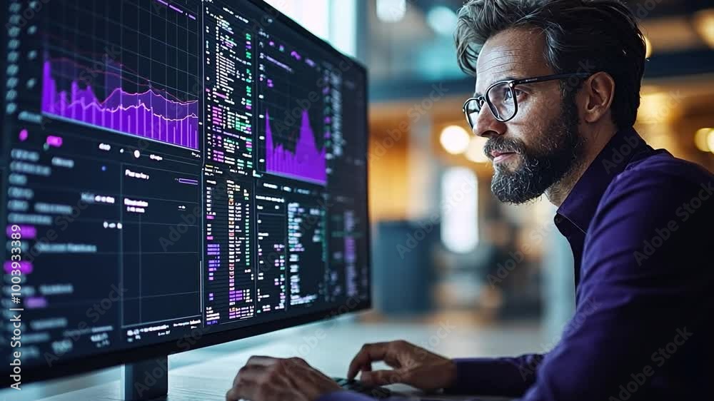 Wall mural data analyst working late at night in a modern office with screens displaying colorful charts