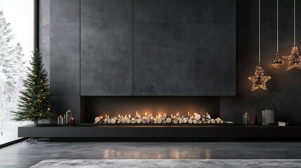 A modern living space featuring a chic fireplace, decorated Christmas tree, and elegant star ornaments against a minimalist backdrop.