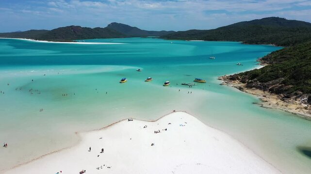 Aerial drone landscape view Whitehaven Beach on Whitsunday Island in tropical north Queensland, Australia. 