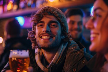 Obraz premium Happy man enjoying a beer in a lively pub with friends, warm and casual social atmosphere 