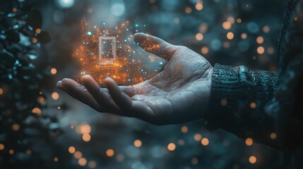 Hand holding a glowing digital hologram, futuristic technology and innovation concept
