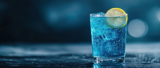Refreshing blue cocktail in a glass with ice and a lemon slice, set against a soft blue background.