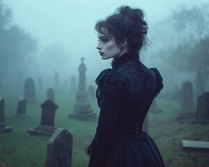 A mysterious woman in a Victorian gothic dress, standing in a fog-filled cemetery at twilight